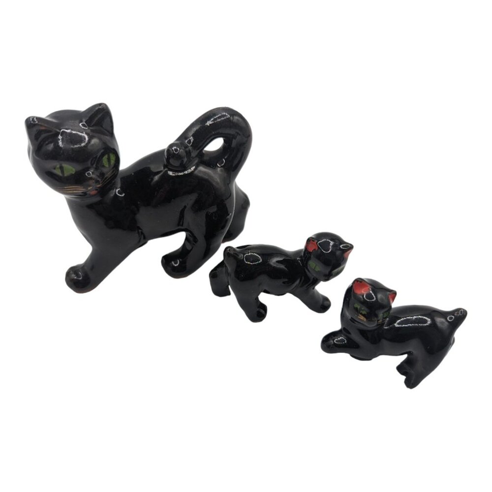 Vintage Ceramic Black Cats Mama with Two Kittens Kitschy Figurines MCM Redware - Picture 3 of 13